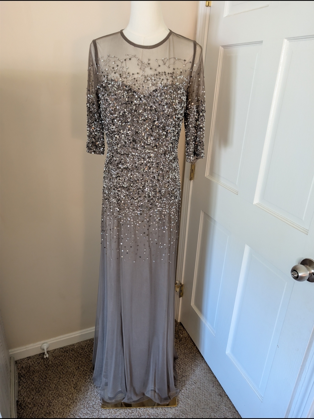 Adrianna Papell Sequin Illusion Mesh Gown Taupe Gray 3/4 Sleeve Maxi Dress 8